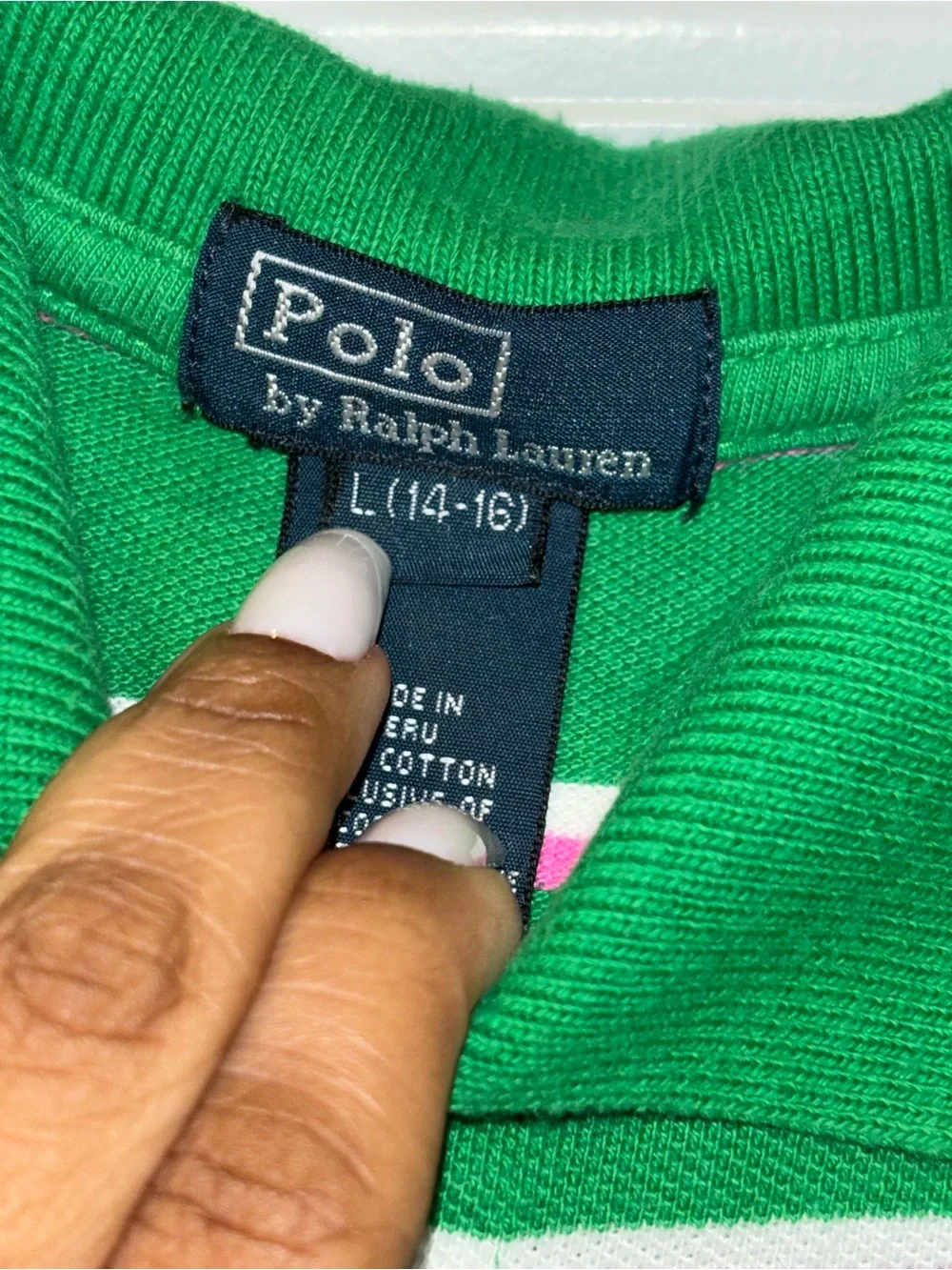 Ralph Lauren Green Polo with White & Pink Stripe Detail